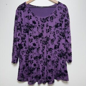 Valolia Women Velvet Burnout Top XXL Purple 3/4 Sleeve Scoop Neck Stretch Casual